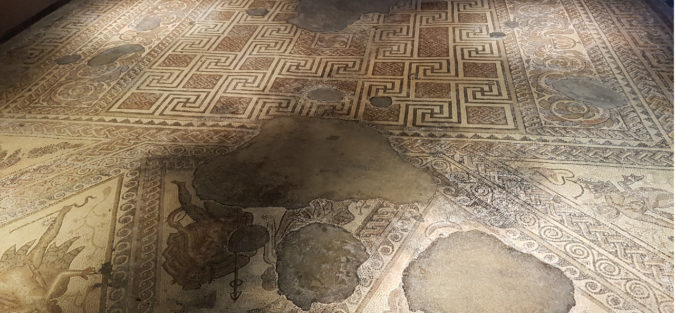 Roman mosaic floor at Chedworth Roman Villa.